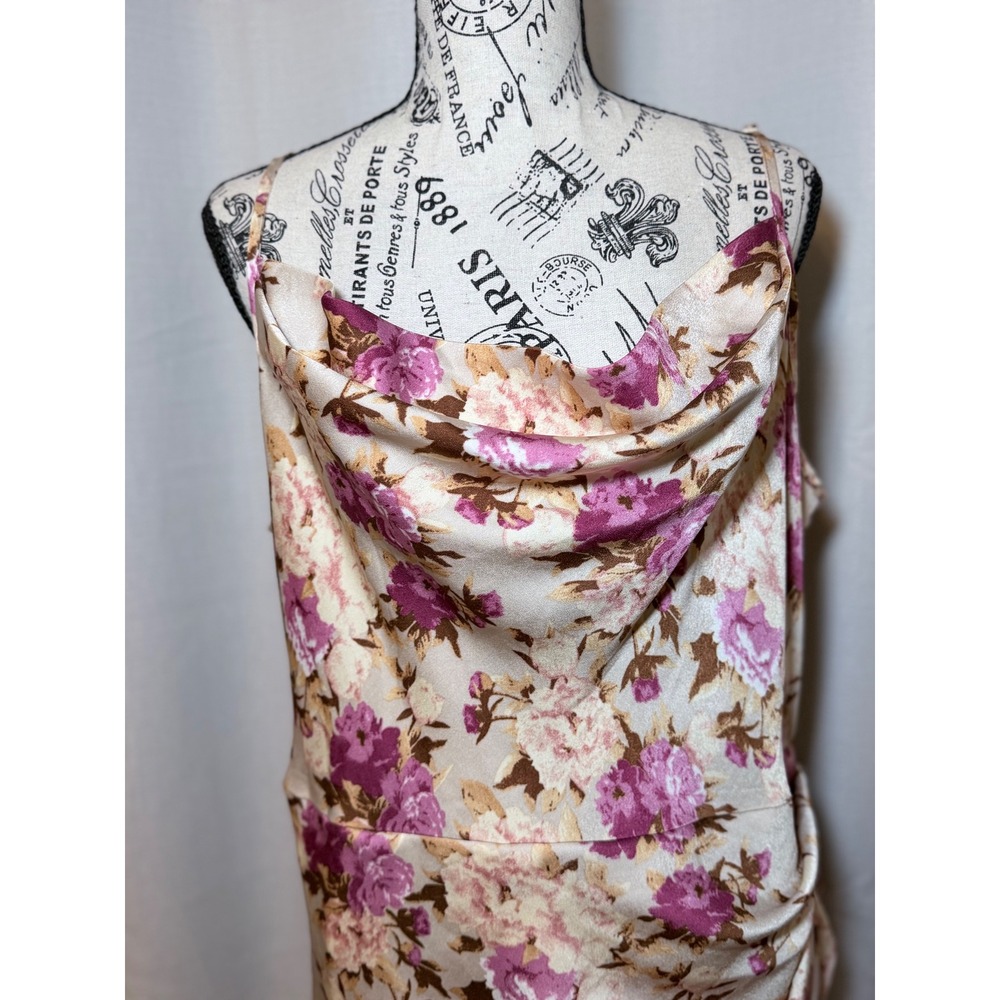 Floral Cowl Neck Ruched Midi Dress Mauve Purple XXL Satin Feel Tulip Hem